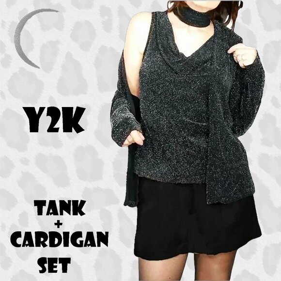 Cardigan Jacket & Cowl Neck Tank Top Black / Silver Lurex, Sparkly Knit Twin Set - Picture 1 of 12